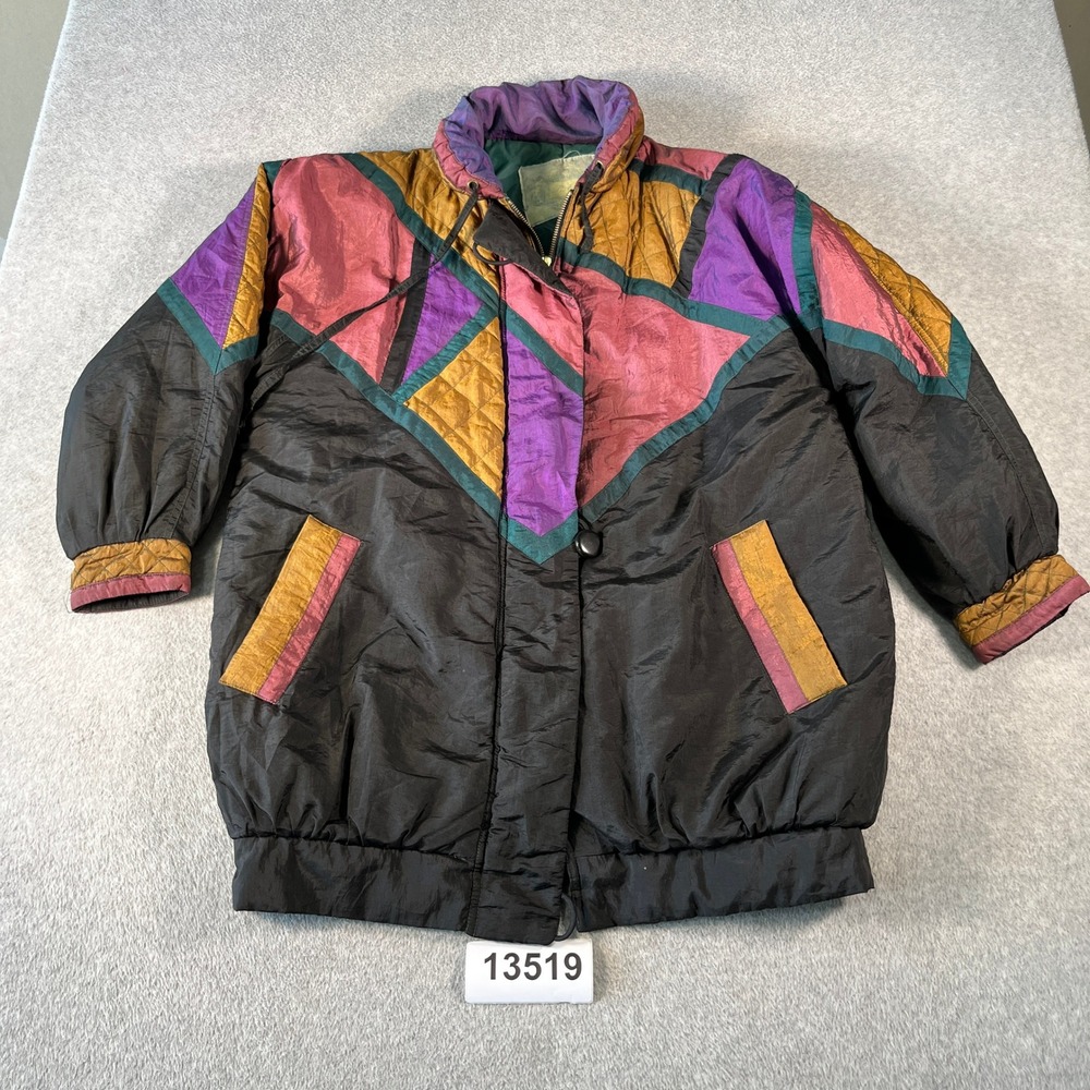 PAC Puffer Jacket Women Medium Multi Color Good Vintage 80s Geometric Colorblock